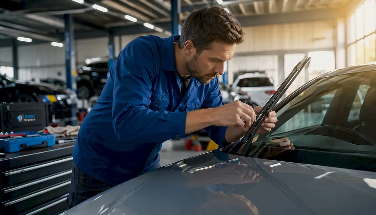 Auto technician installing wiper blade on car