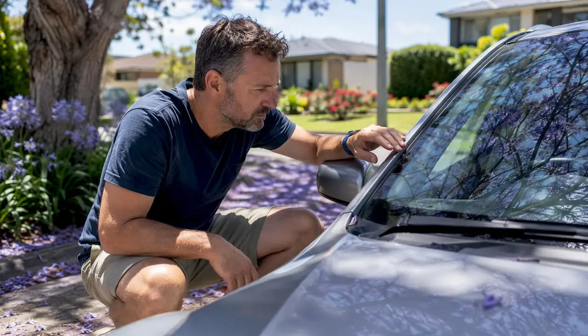 Man examining car windshield chip outdoors
