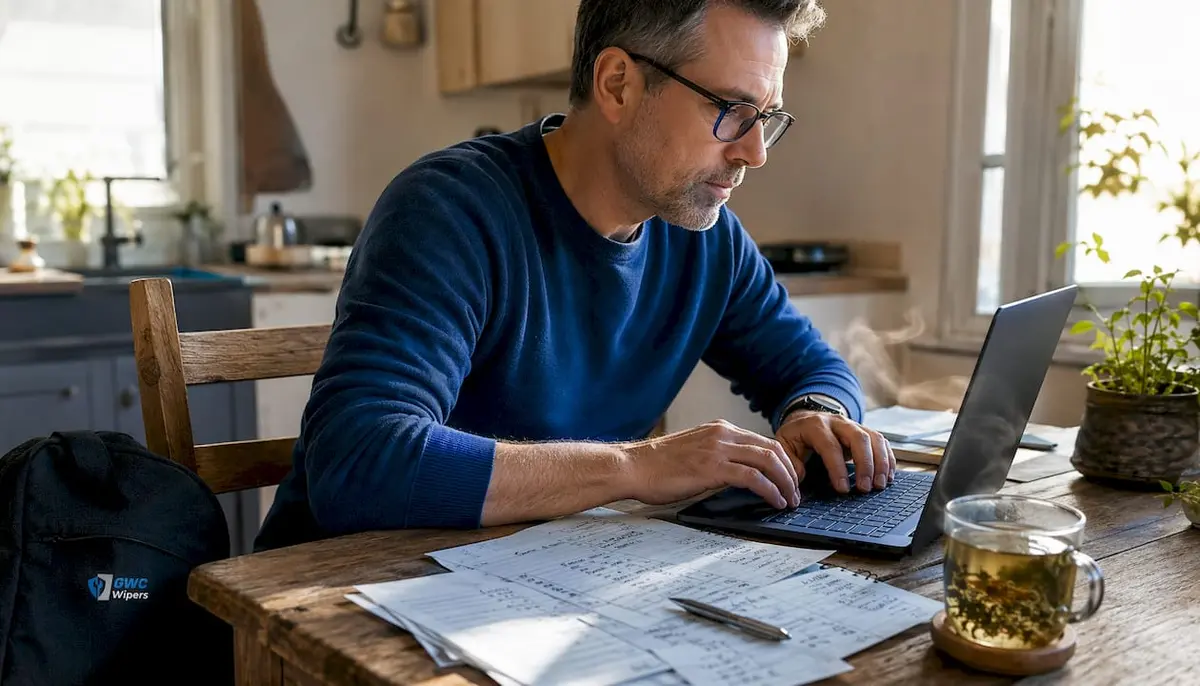 Hands typing on laptop researching prices