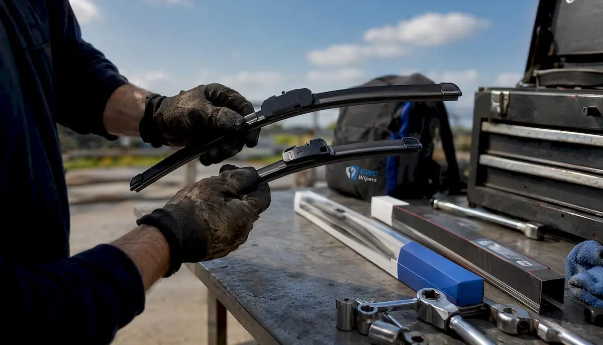 Hands comparing OEM and aftermarket wiper blades