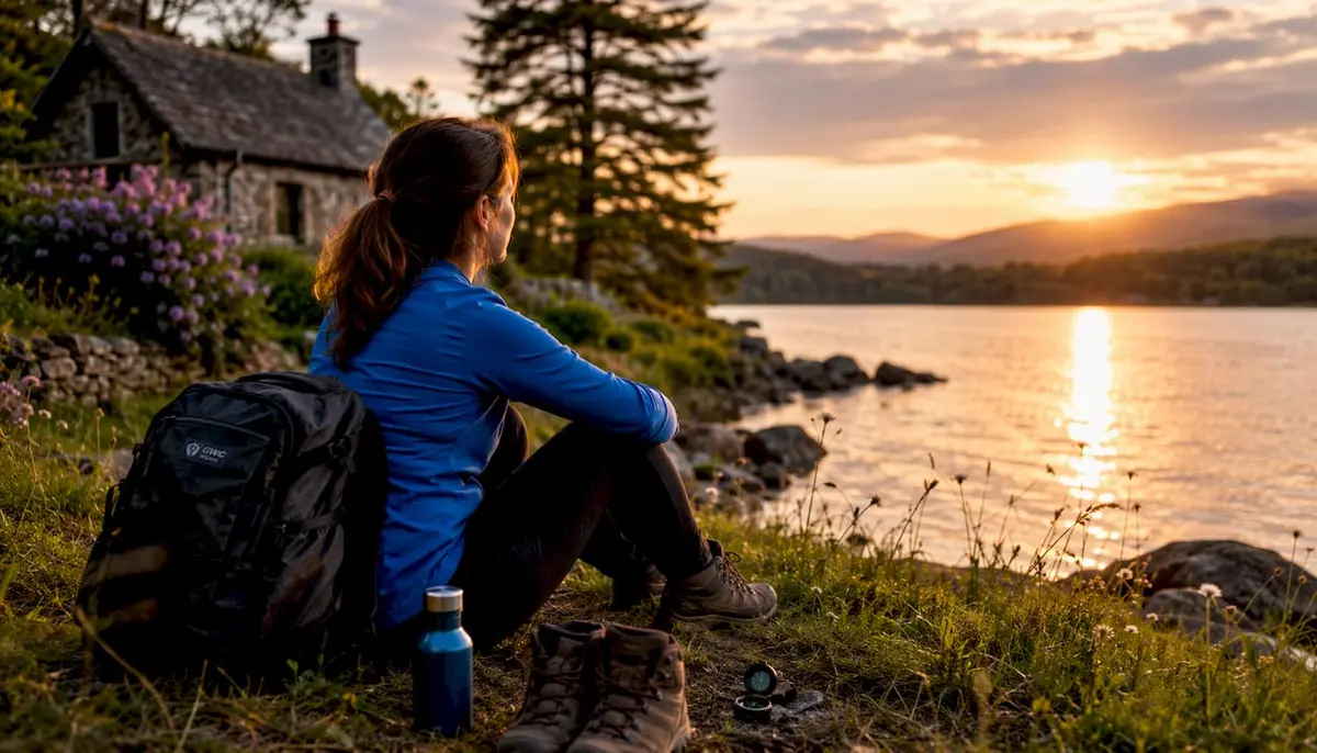 Traveler sitting on bench at forest campsite