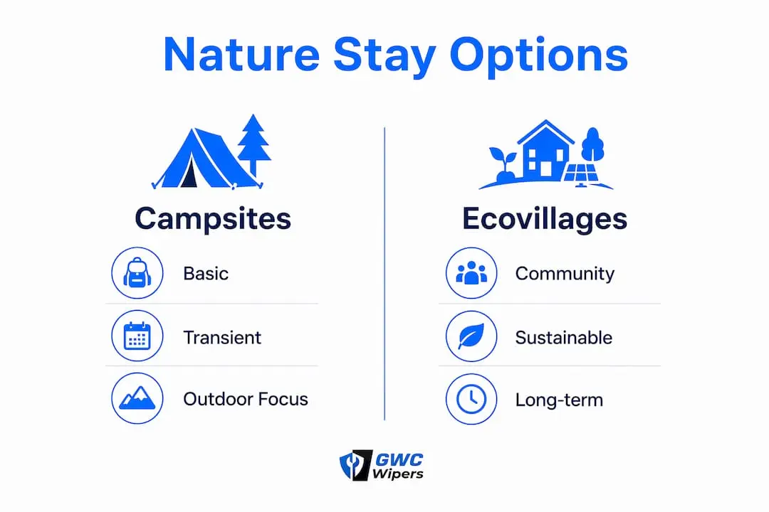 Infographic showing campsites versus ecovillages