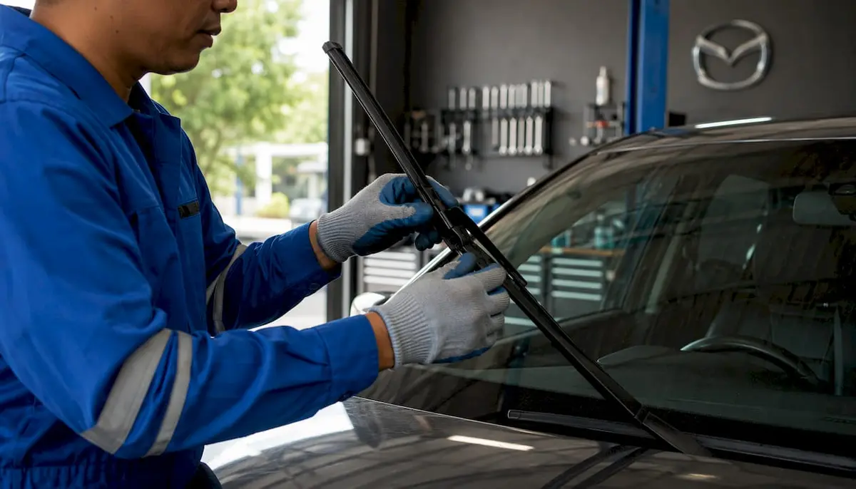 Technician fitting beam wiper on Mazda windscreen