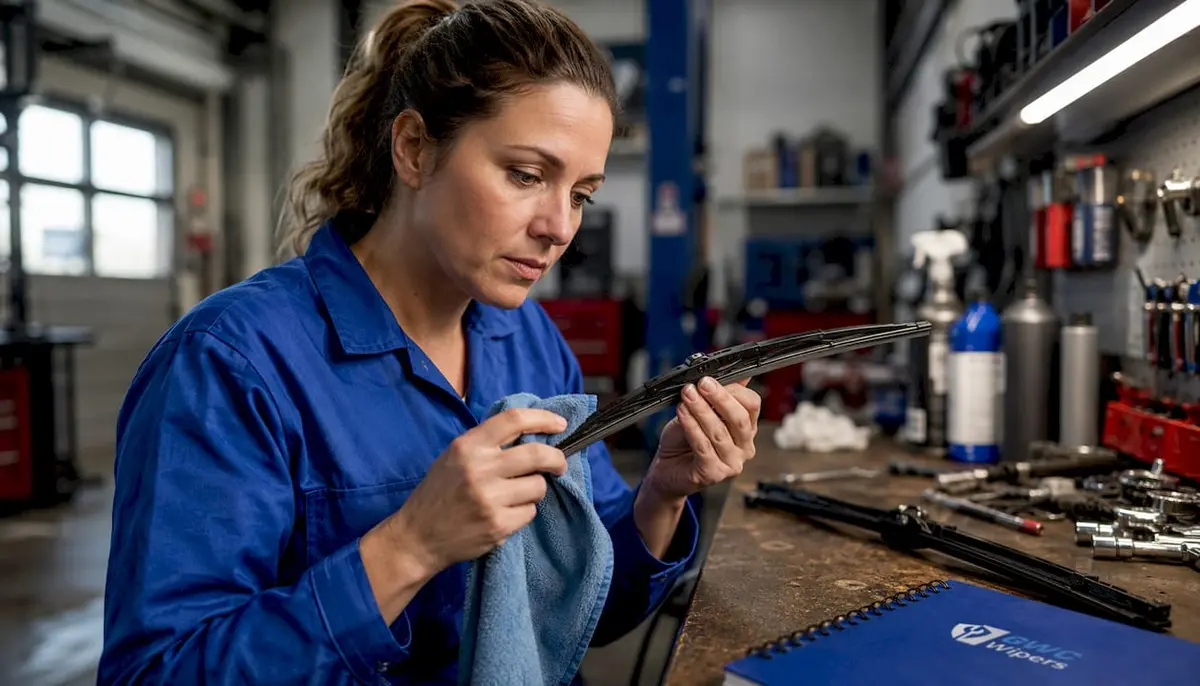 Technician inspecting wiper blade outdoors