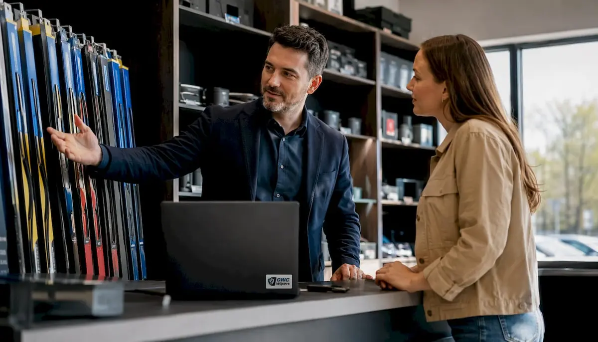 Sales advisor discussing wipers with customer