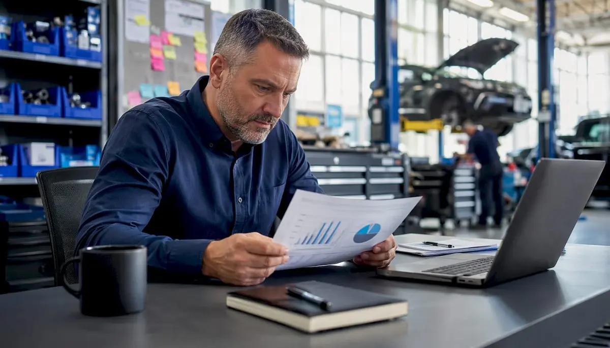 Service manager reviewing wiper sales report