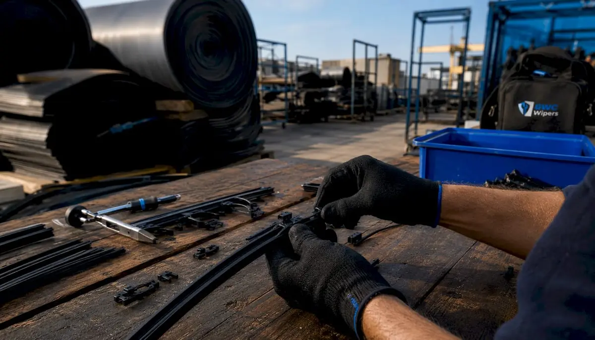 Hands assembling natural rubber wiper blades