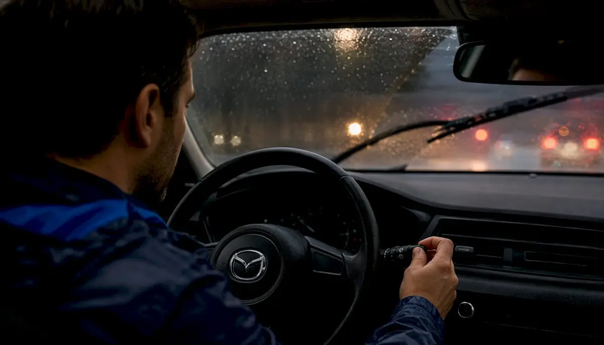 Driver activating rear wiper inside Mazda hatchback