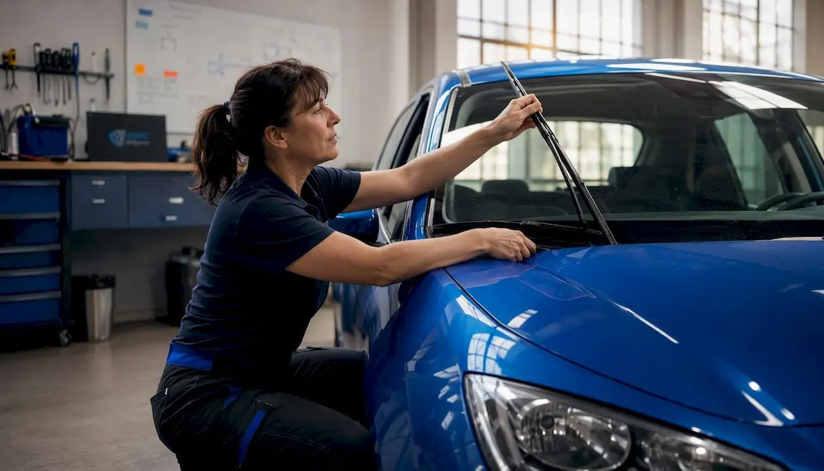 Mechanic gently lowering wiper arm on new windscreen