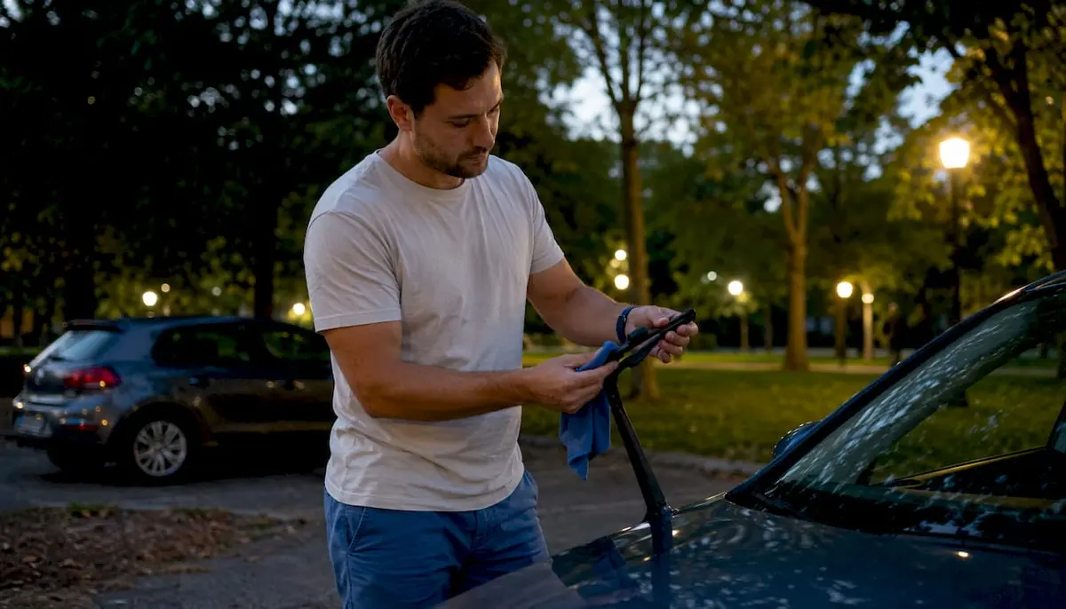 Car owner cleaning wiper blade edges after installation