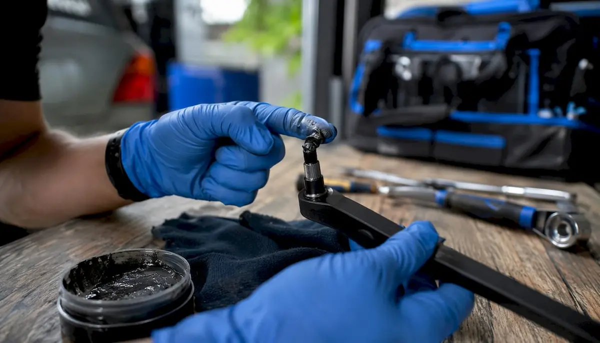 Close-up hands applying grease on Honda wiper arm post