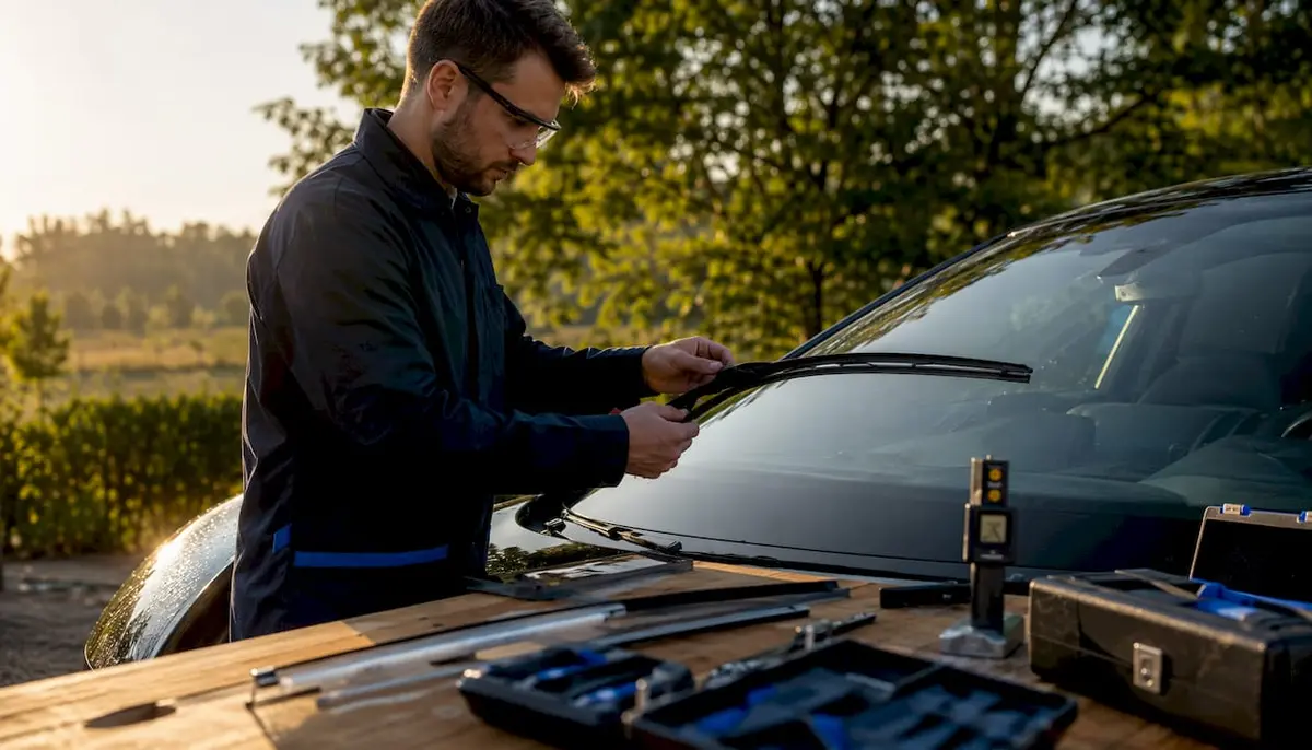 Engineer inspecting wiper blade testing rig