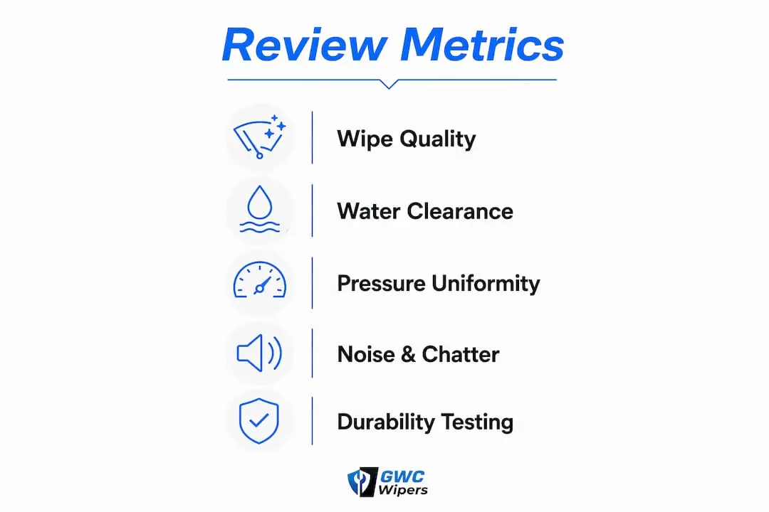 Infographic illustrating wiper blade review criteria