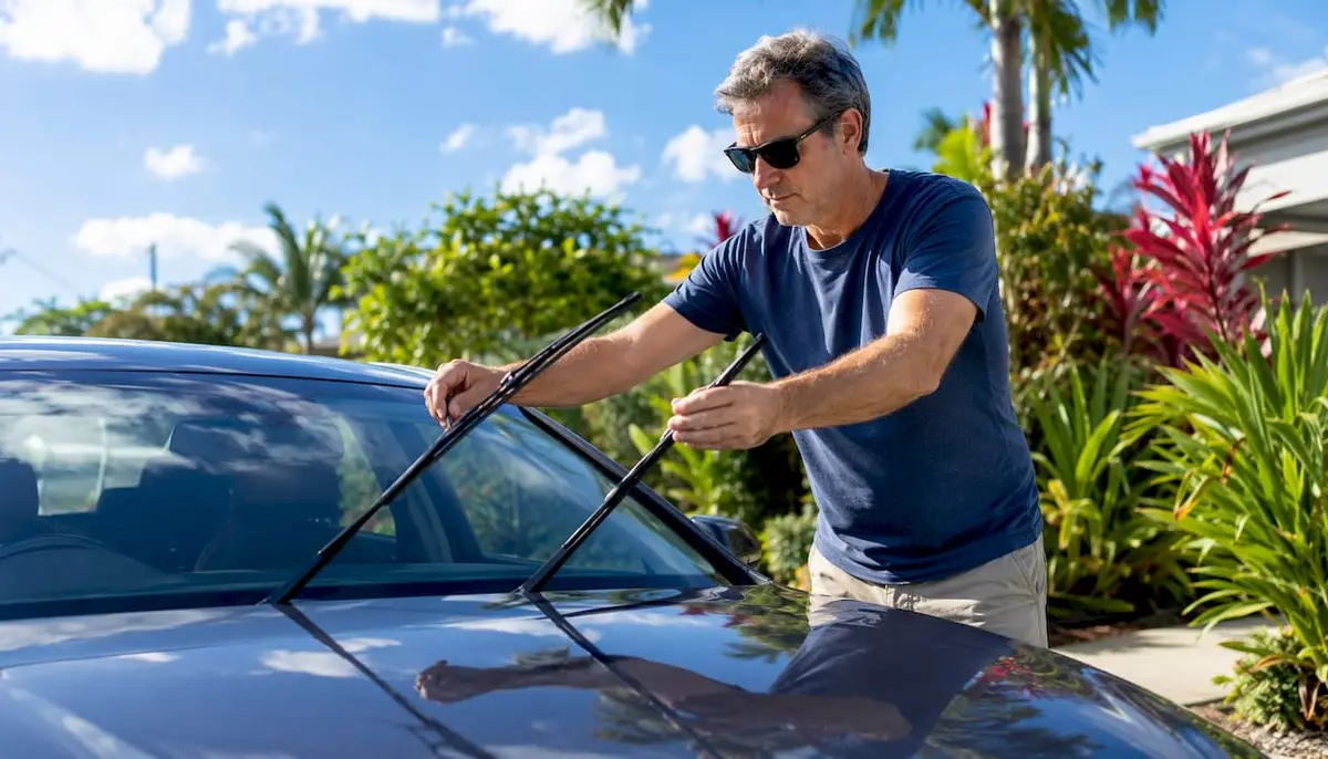 Man lifting car wiper arms in heat
