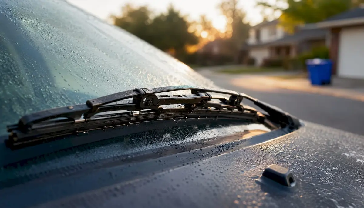 Close-up conventional wiper blade on windscreen