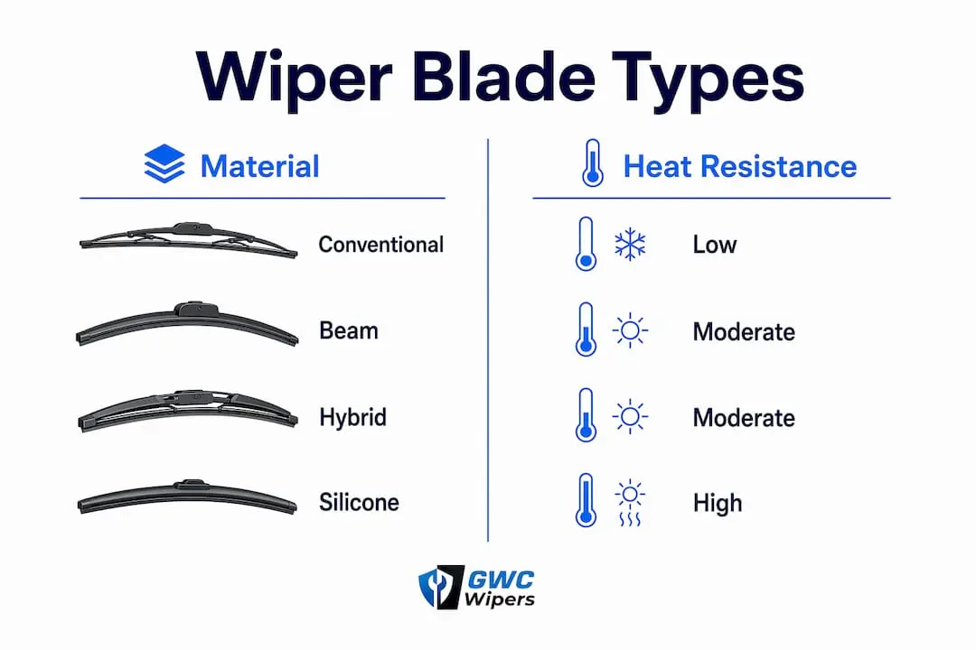 Infographic comparing wiper blade materials and heat resistance