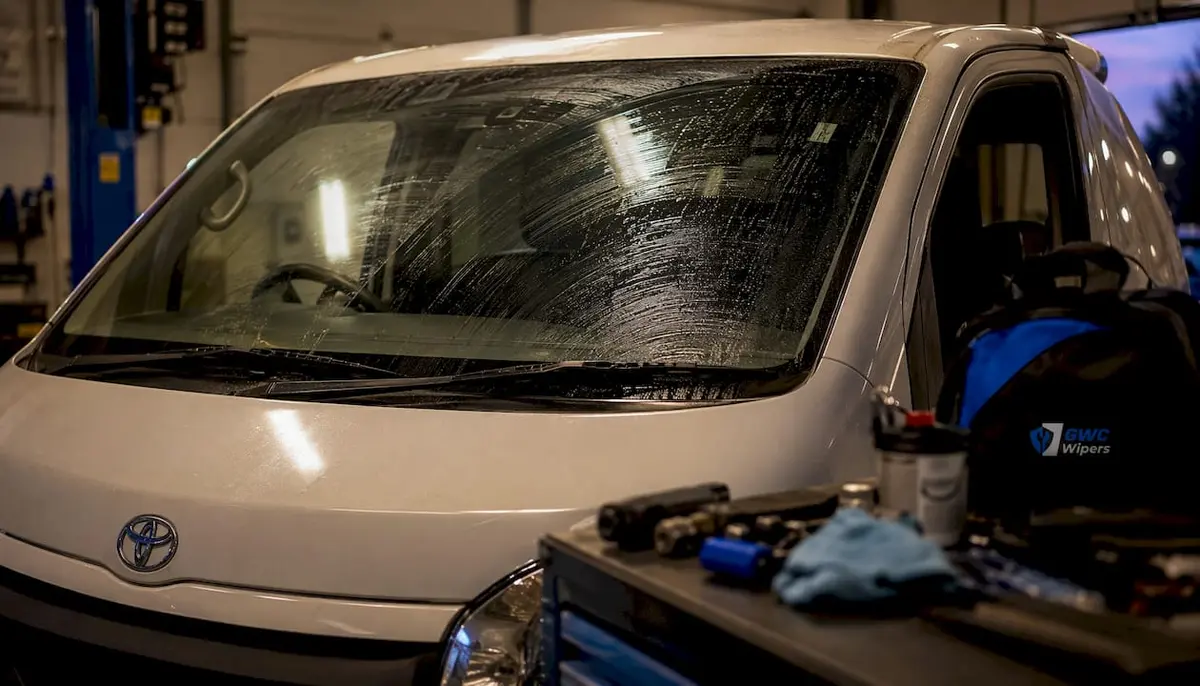 Close-up HiAce windscreen streaking from wiper blade