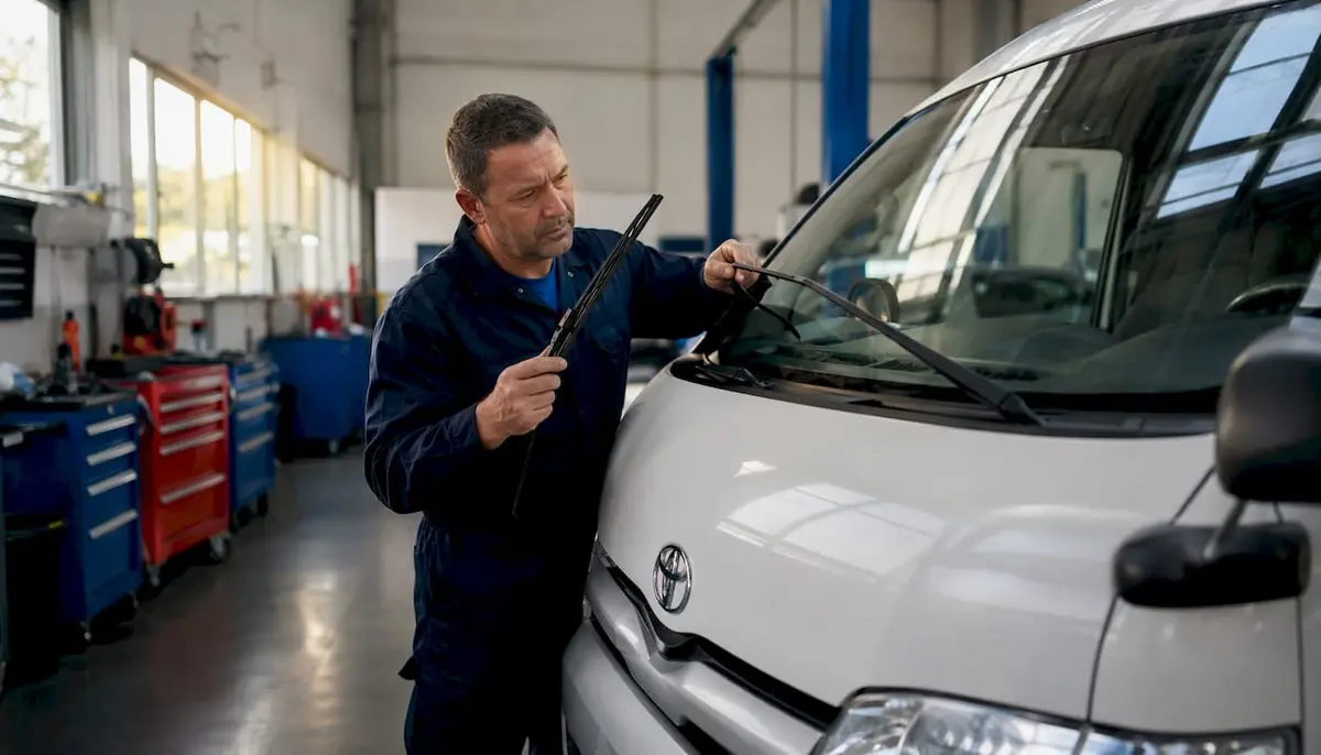 Mechanic inspecting Toyota HiAce wiper blade outdoors