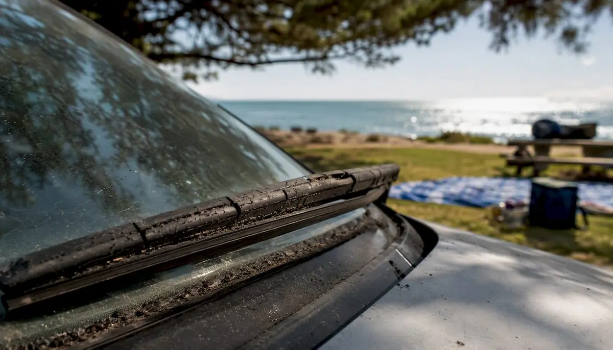 Close-up of cracked and worn car wiper blade on windshield