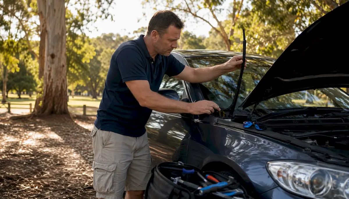 Australian man inspecting car wiper blades outdoors