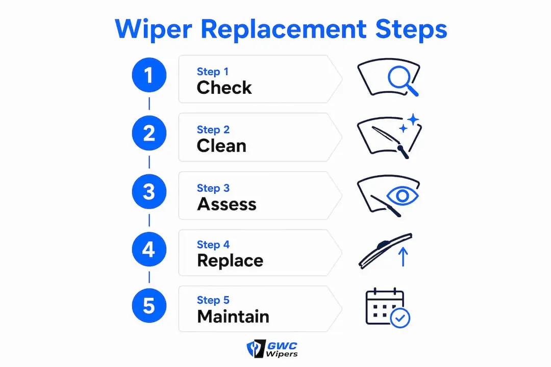 Infographic showing wiper blade replacement steps for drivers