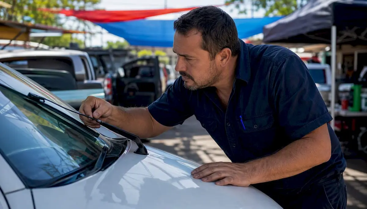 Mechanic inspecting ute rain wiper blades