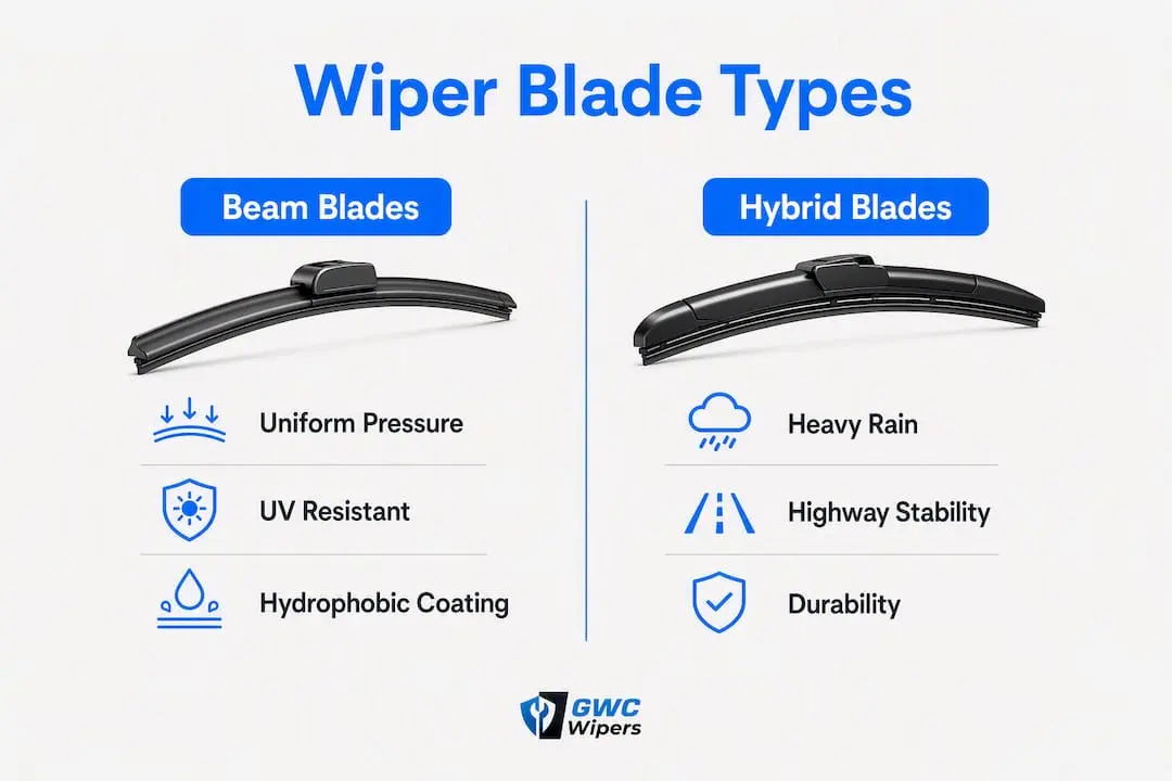 Infographic comparing beam and hybrid wiper blades