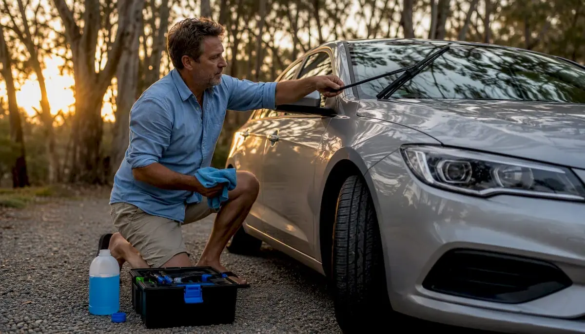 Man cleaning car windshield wipers outdoors
