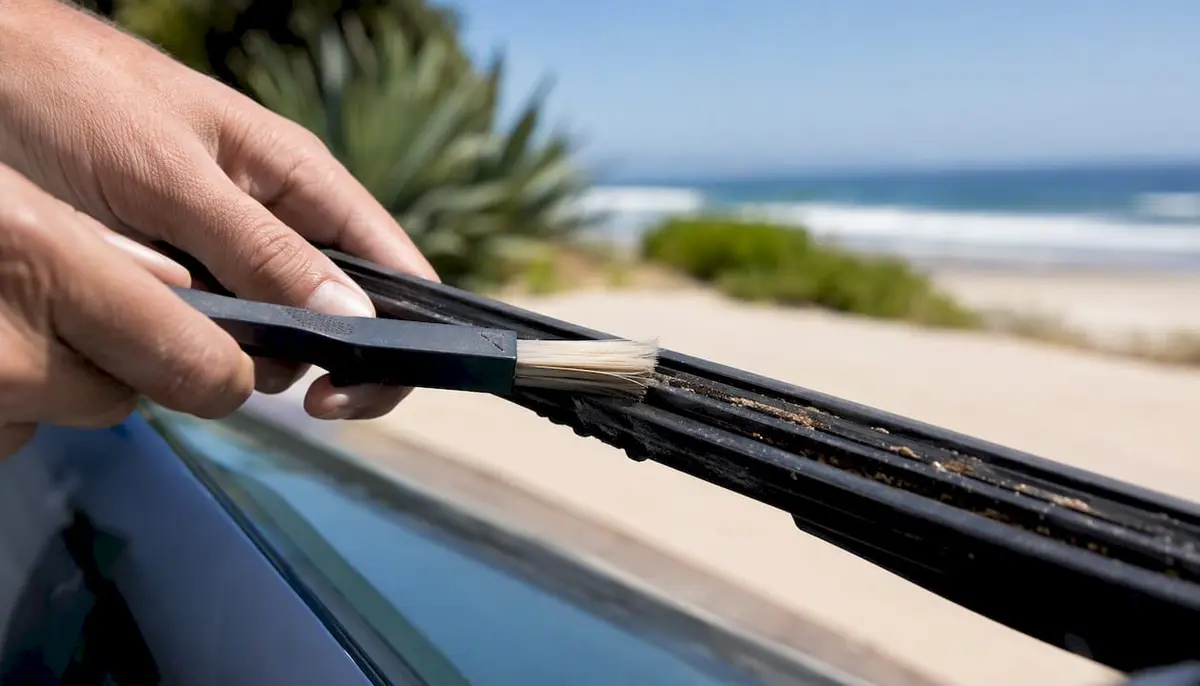 Brush cleaning debris inside rubber wiper blade channel