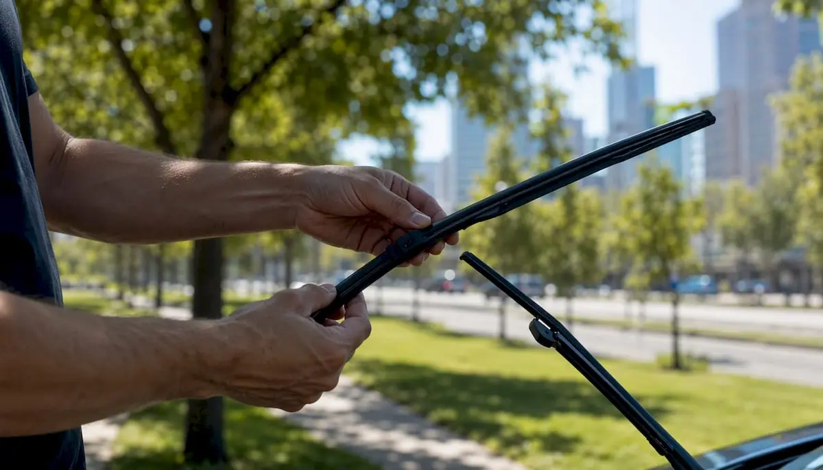 Hands cleaning rubber edge of car wiper blade