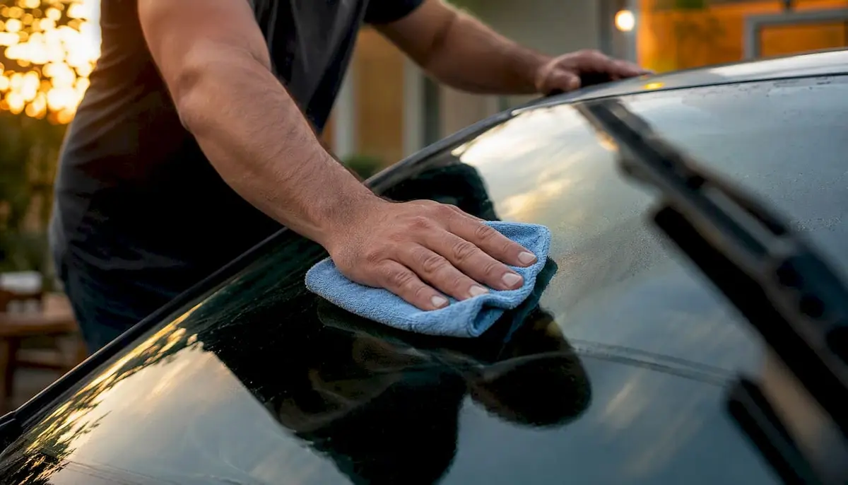 Hands cleaning car windscreen with cloth