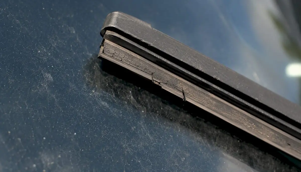 Close-up of hardened, glazed wiper blade rubber edge