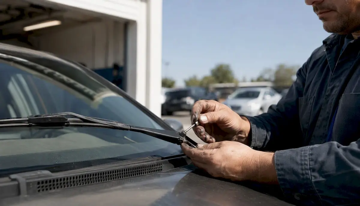 Mechanic realigning bent wiper arm on vehicle
