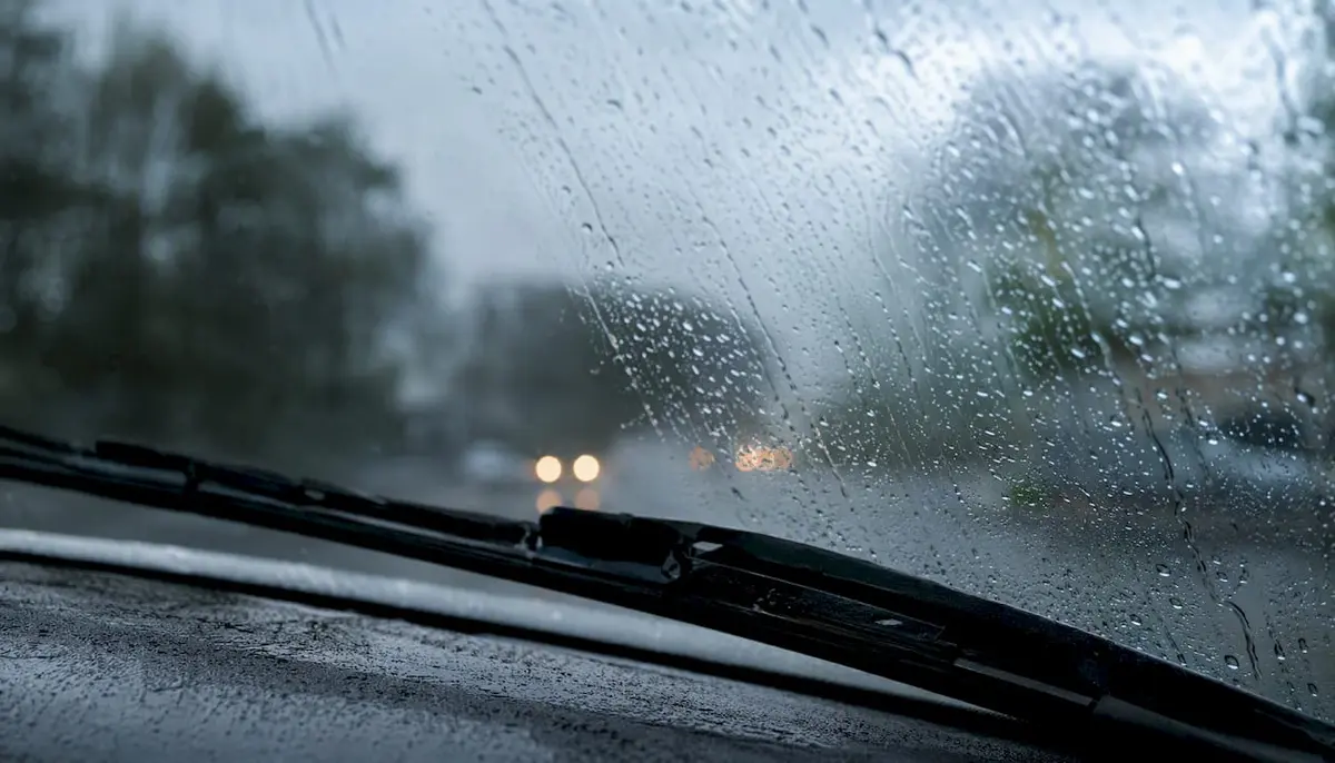 Car windscreen being cleared by wiper blades in rain