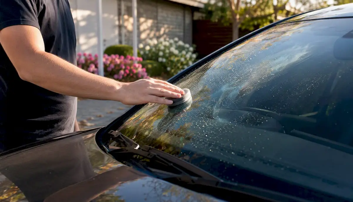 Hand applying rain-repellent liquid on windscreen