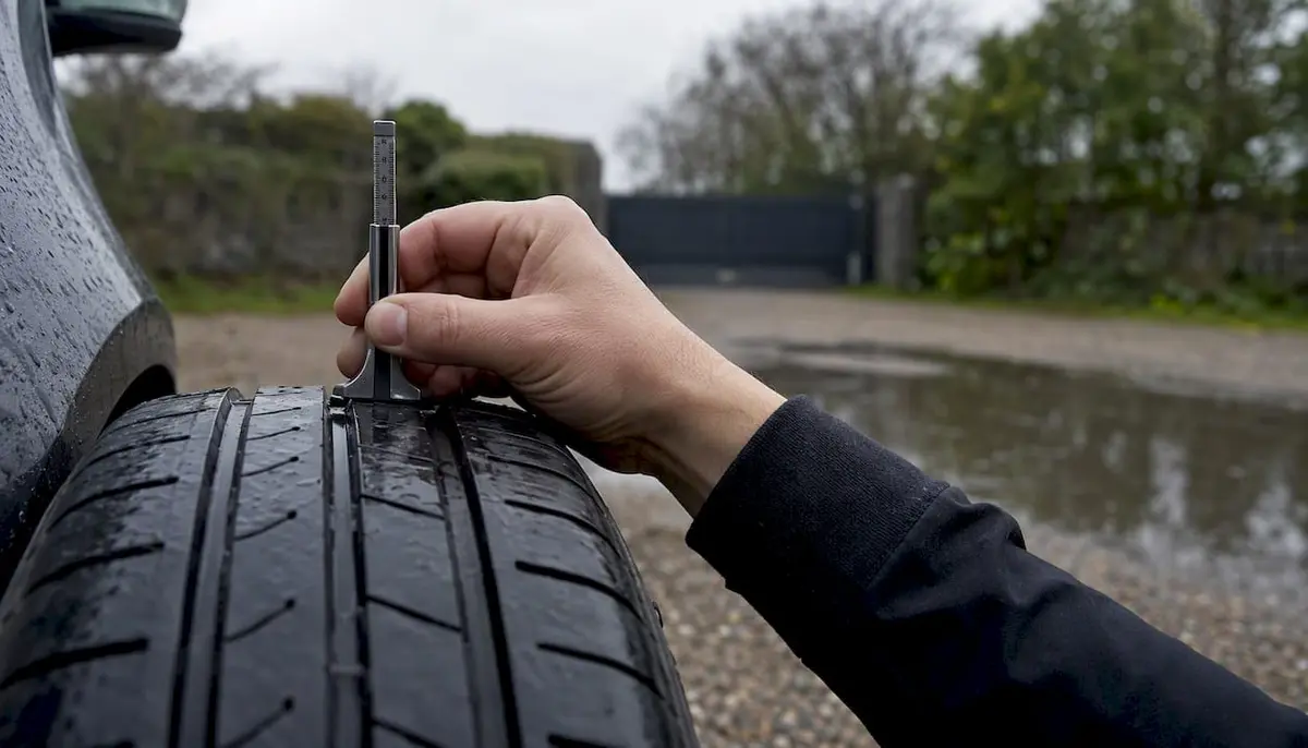 Close-up of hand measuring tyre tread depth