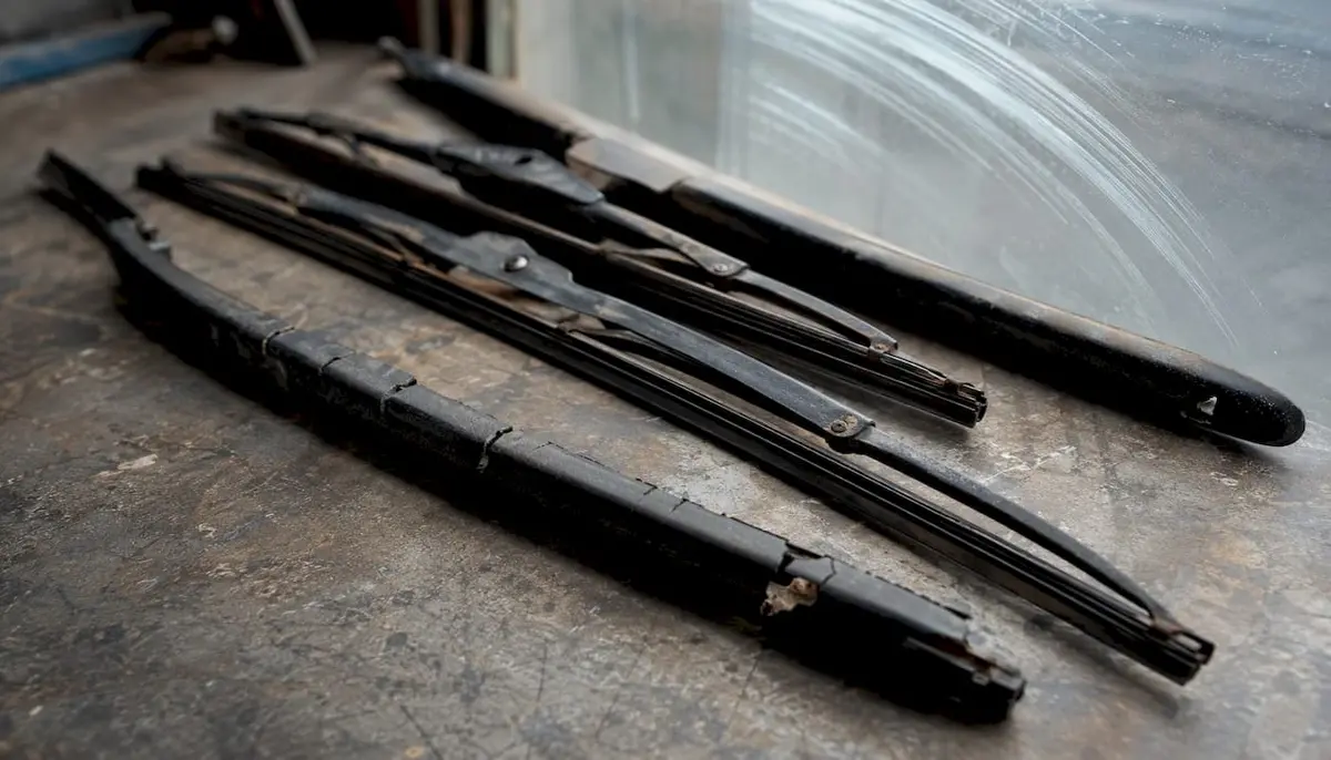 Various worn windshield wiper blades showing defects