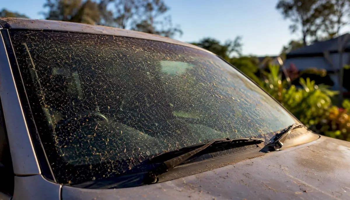 Close-up of dirty car windscreen with debris