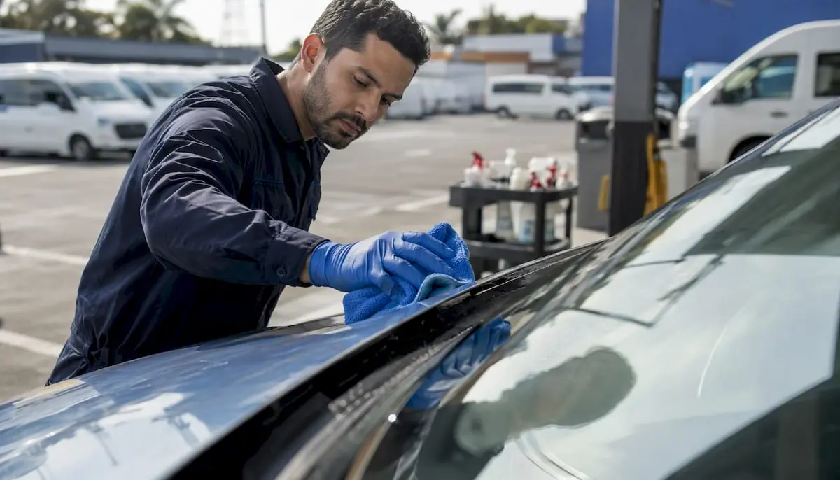 Technician cleaning fleet vehicle windscreen