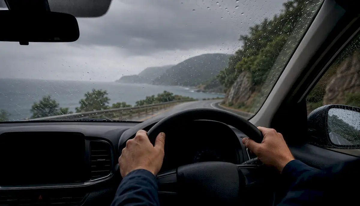 Hands steering wheel on wet road