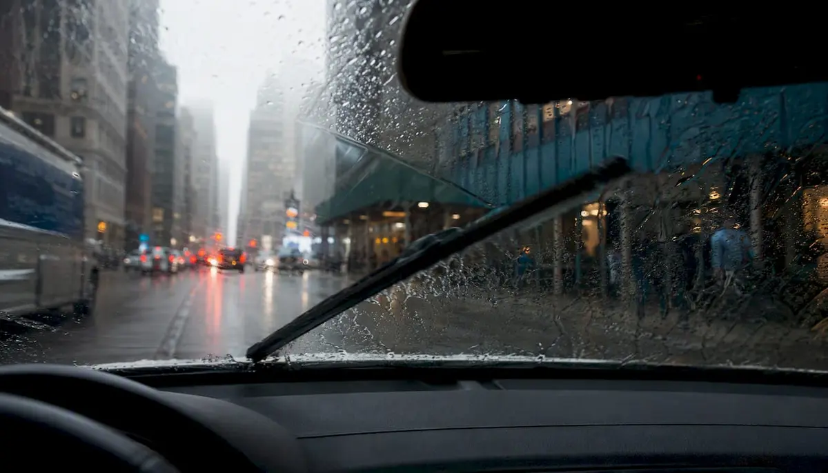 Car windscreen with wiper blade clearing heavy rain