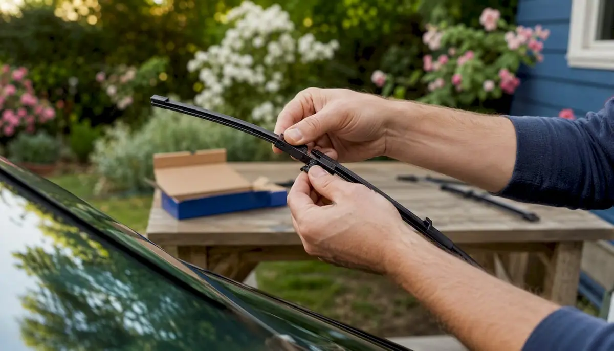 Hands fitting wiper blade onto car windscreen
