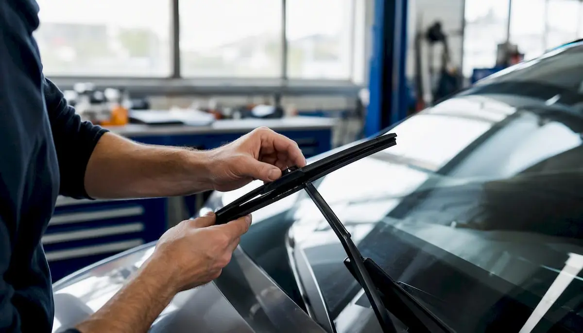 Hands installing a windshield wiper blade in workshop