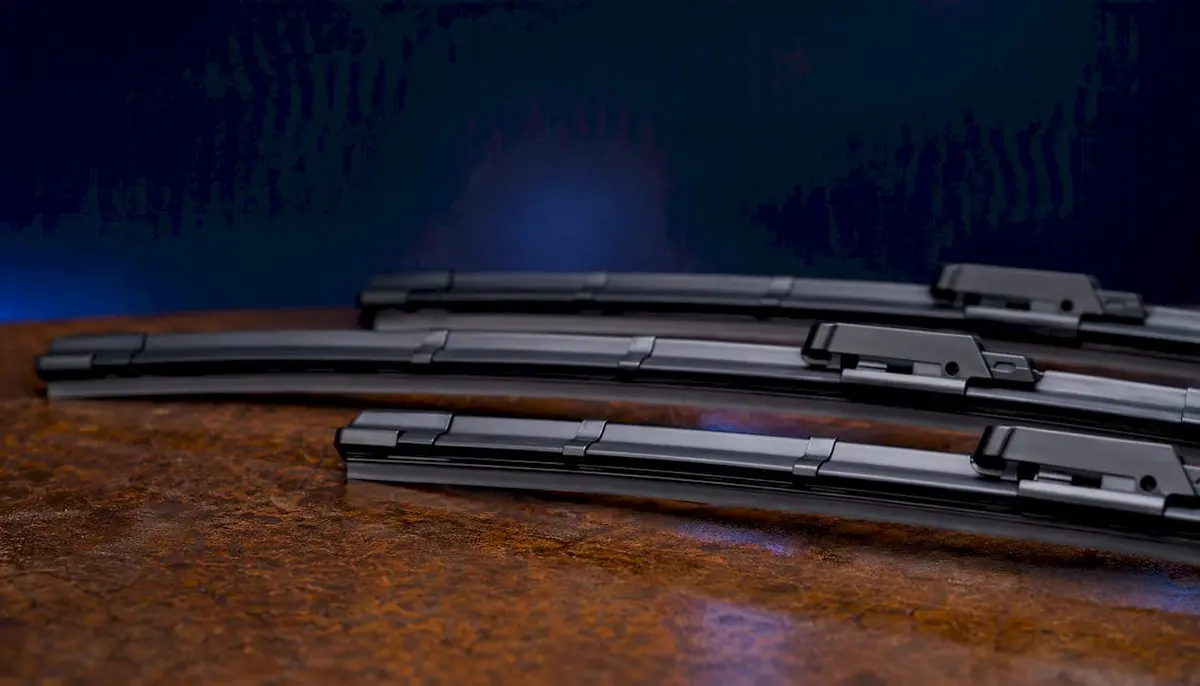 Close-up of premium wiper blades on dark surface