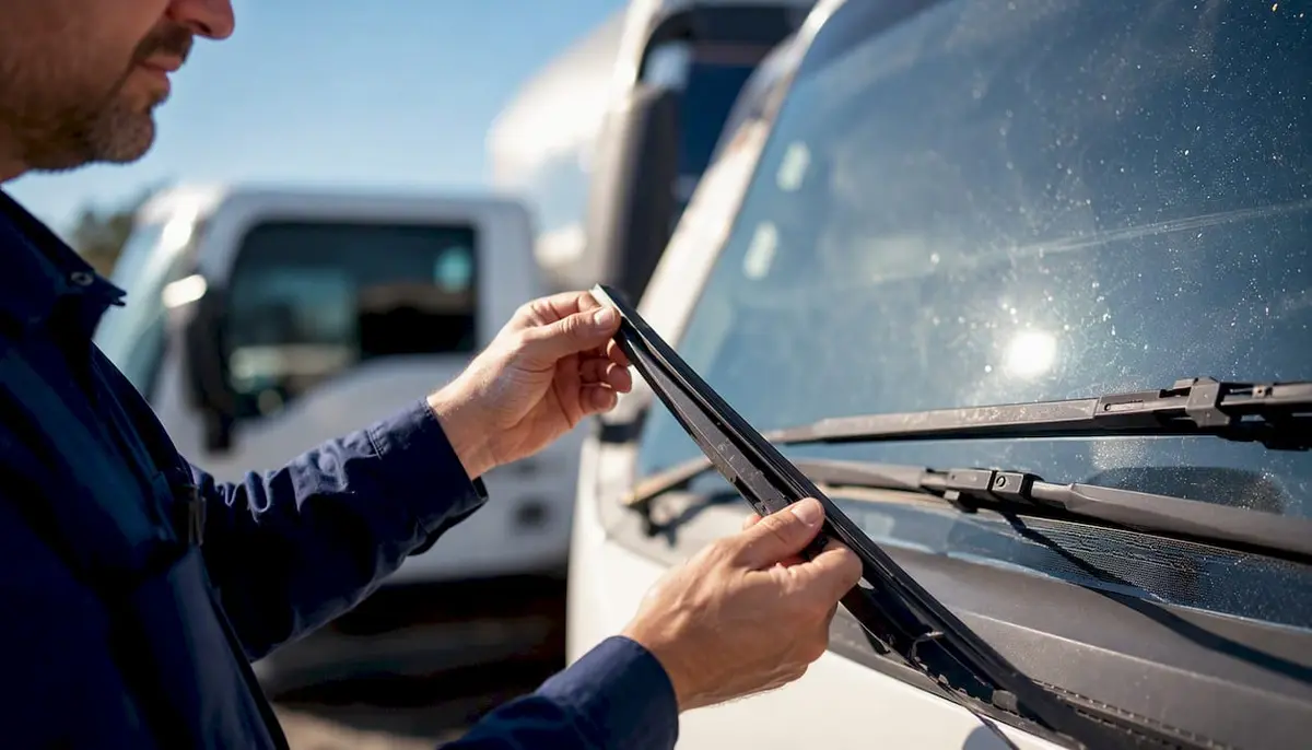 Hands inspecting windshield wiper blade on fleet vehicle