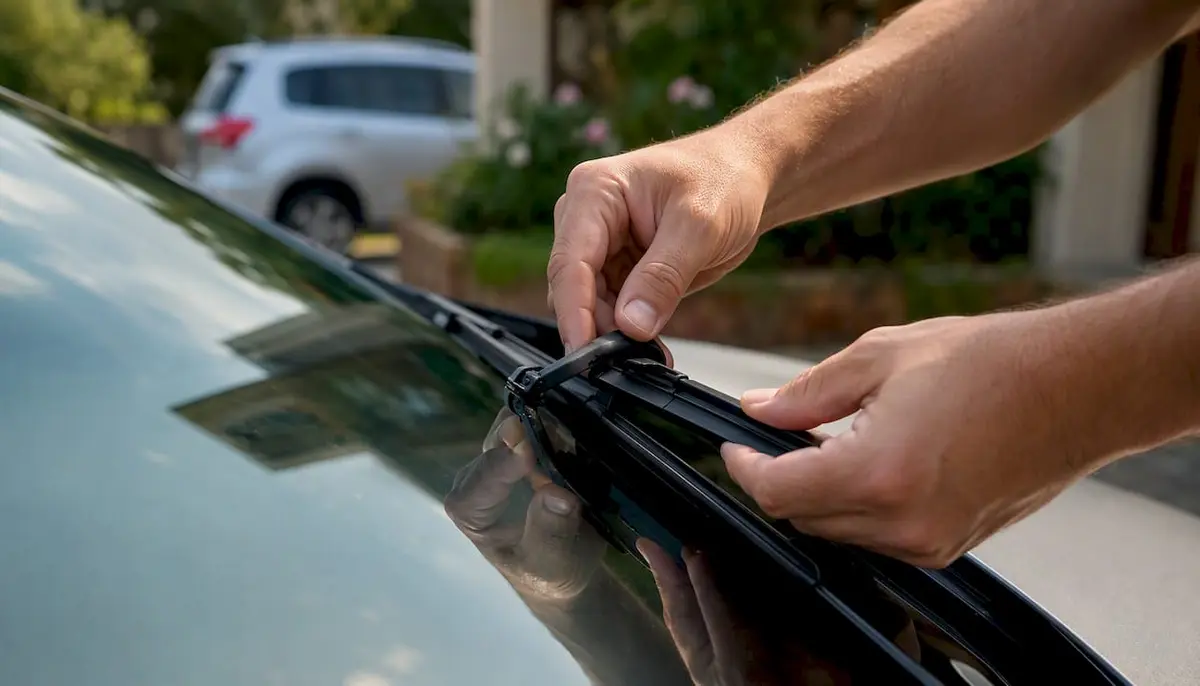Hands fitting Mazda 3 wiper blade close-up