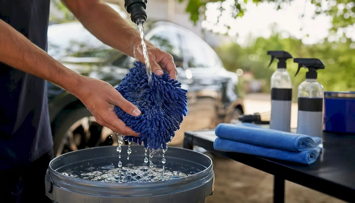 Hands dipping wash mitt into grit guard bucket