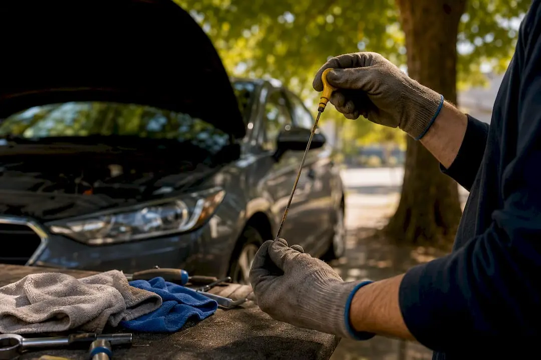 Hands wiping engine oil dipstick clean