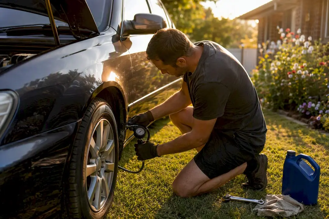 Hands checking car tyre pressure