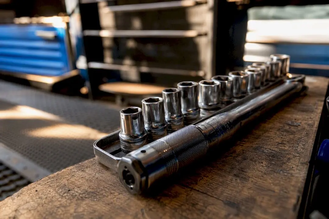 Close-up of quality sockets and torque wrench